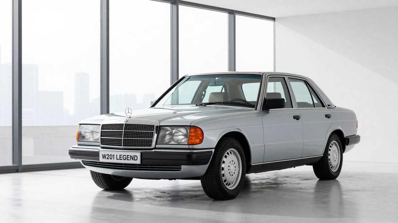 Carro clássico Mercedes-Benz W201 prata estacionado em ambiente interno com grande janela e vista urbana ao fundo.