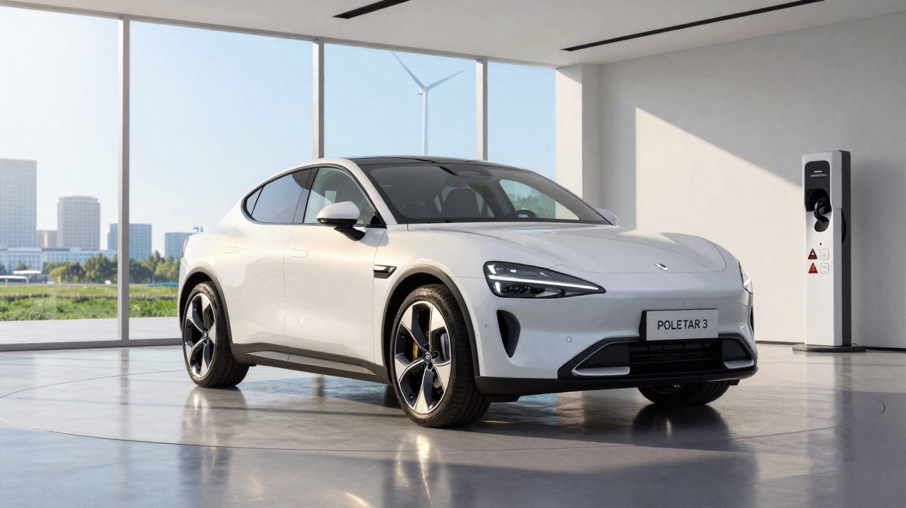 Carro elétrico branco Polestar 3 estacionado em showroom moderno com carregador ao lado.