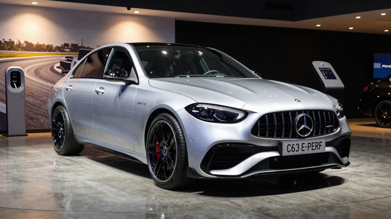 Carro esportivo Mercedes-Benz prata modelo C63 E-PERF em exposição com rodas pretas e detalhes vermelhos.