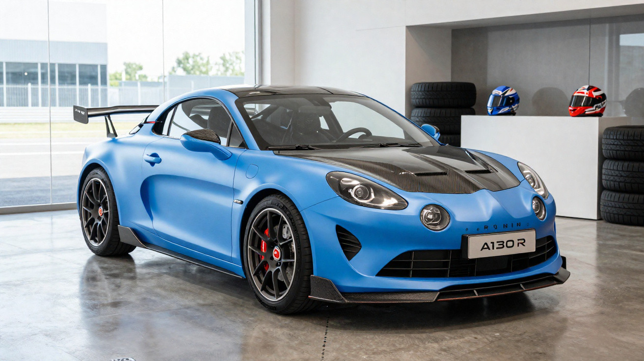 Carro esportivo azul Alpine A110 R estacionado em ambiente interno com pneus e capacete ao fundo.