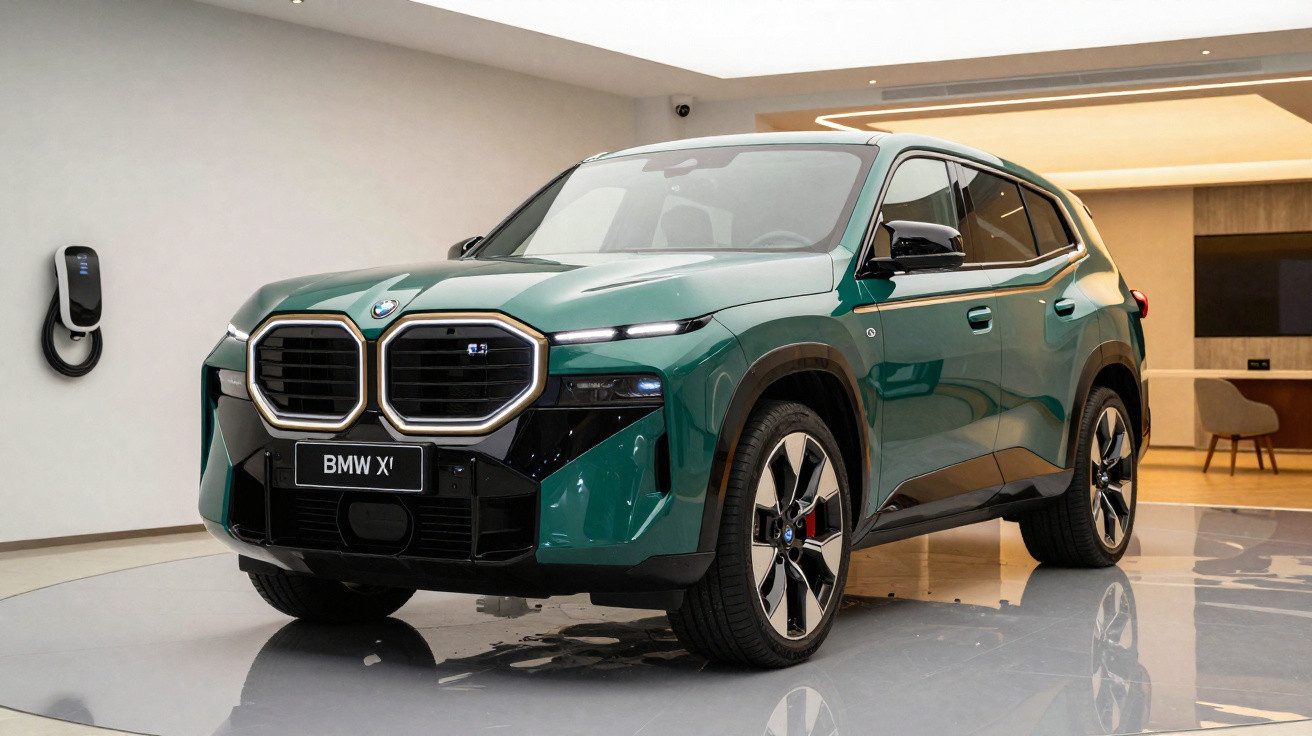 SUV elétrico BMW X verde exposto em ambiente interno com carregador na parede ao fundo.