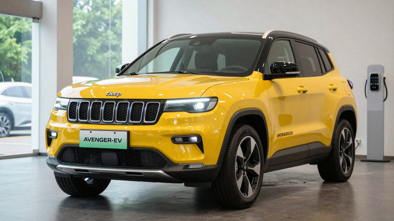 SUV elétrico amarelo modelo Avenger-EV estacionado em showroom moderno com carregador ao fundo.