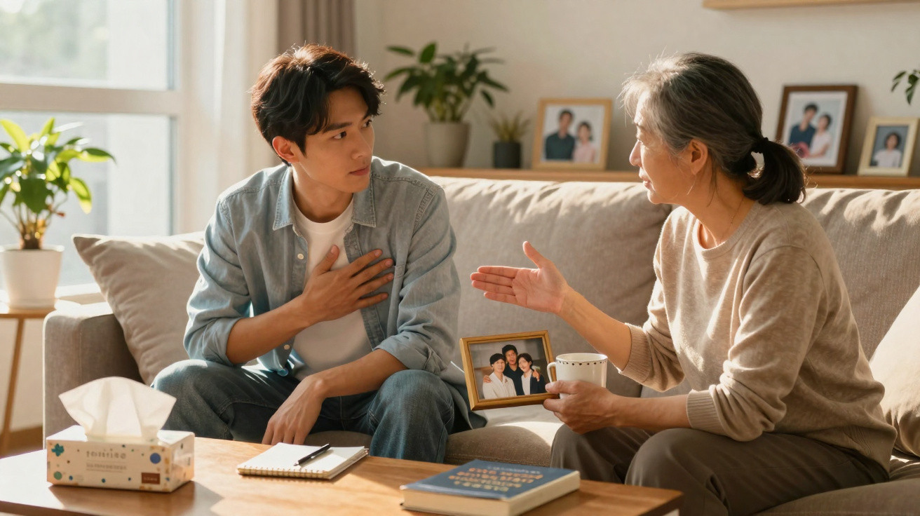 Jovem conversa emotivamente com mulher mais velha segurando foto de família em sala de estar.