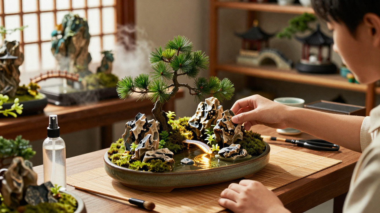 Pessoa ajusta mini jardim zen com árvore bonsai e pedras decorativas em mesa de madeira iluminada pela luz natural.