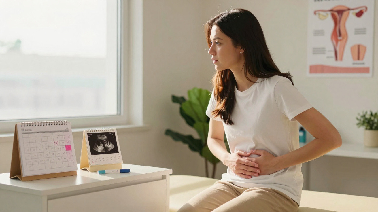 Mulher sentada com mãos na barriga, parecendo sentir dor, em consultório ginecológico com pôsteres do sistema reprodutor femi