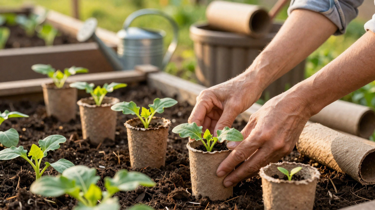 Mãos ajustando mudas em vasos biodegradáveis sobre terra em jardim com regador ao fundo.
