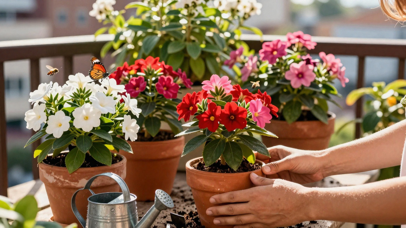 Mãos cuidando de flores em vaso de cerâmica em um jardim de varanda com borboletas voando.