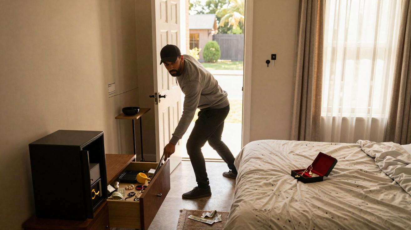 Homem de boné mexendo em gaveta de cômoda dentro de quarto com cama e janela ao fundo.