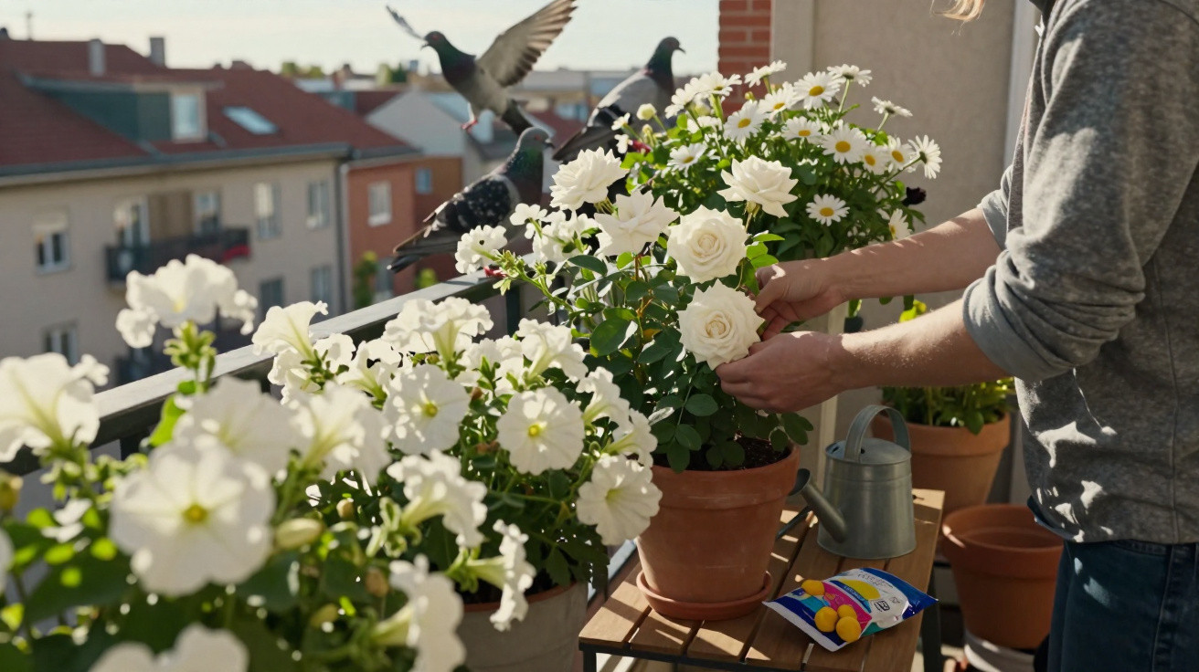 Pessoa cuidando de flores brancas em vasos no parapeito de varanda, com pombos voando ao fundo.