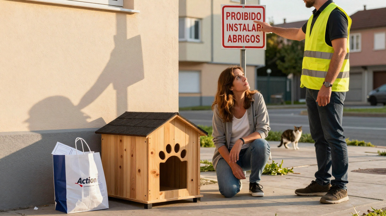Mulher ajeita casinha de cachorro na calçada enquanto homem aponta placa proibindo instalação de abrigos.