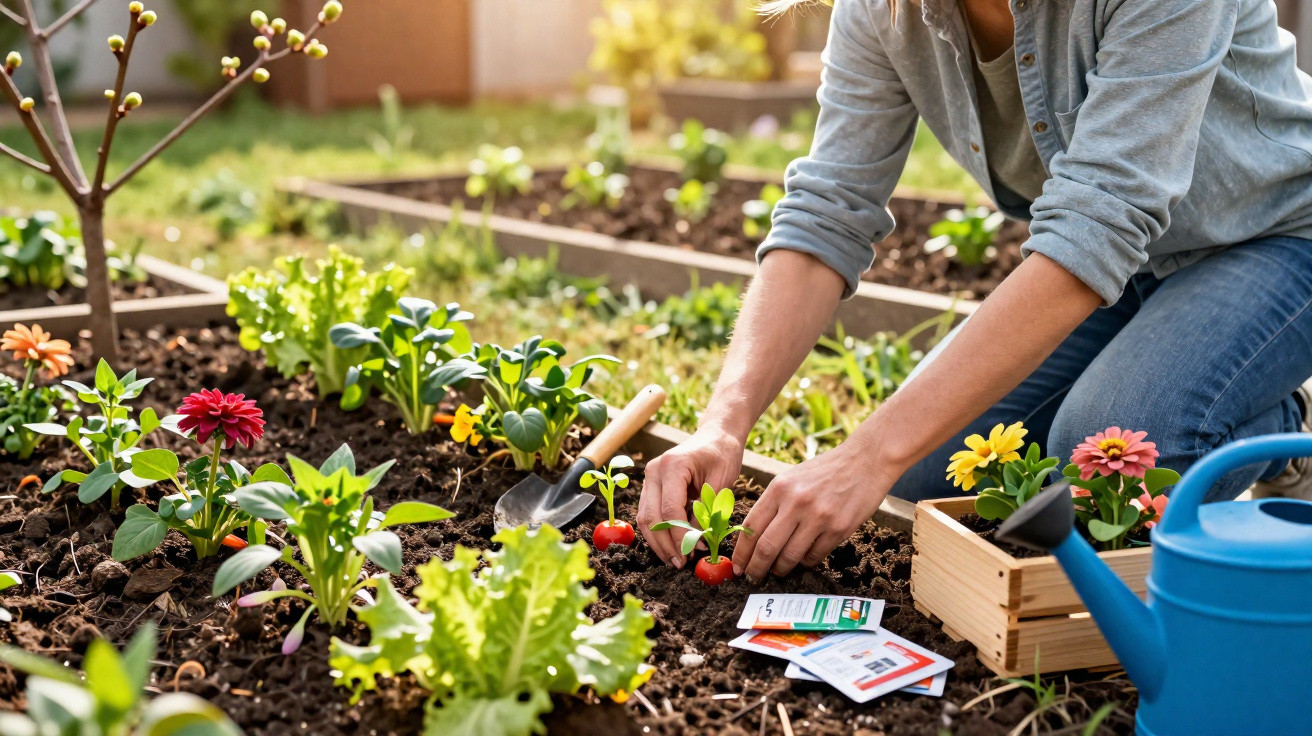 Pessoa plantando mudas em jardim com flores, hortaliças, regador e ferramentas de jardinagem.