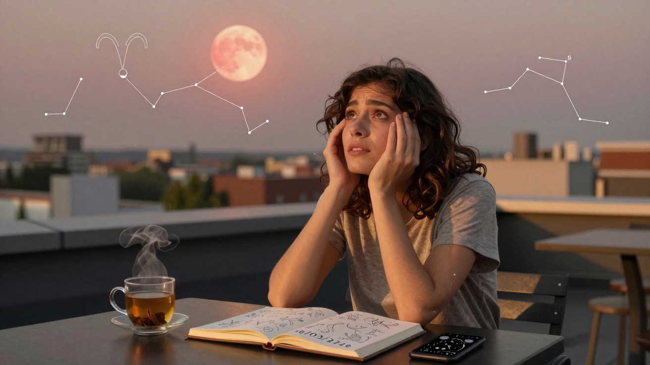 Mulher preocupada com constelações e lua cheia, sentada em mesa com chá e caderno ao entardecer.