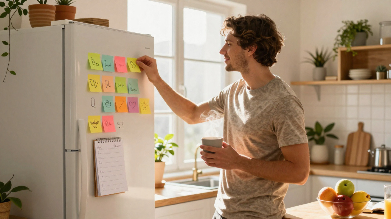 Homem em cozinha natural colocando post-it colorido no refrigerador enquanto segura xícara de café.