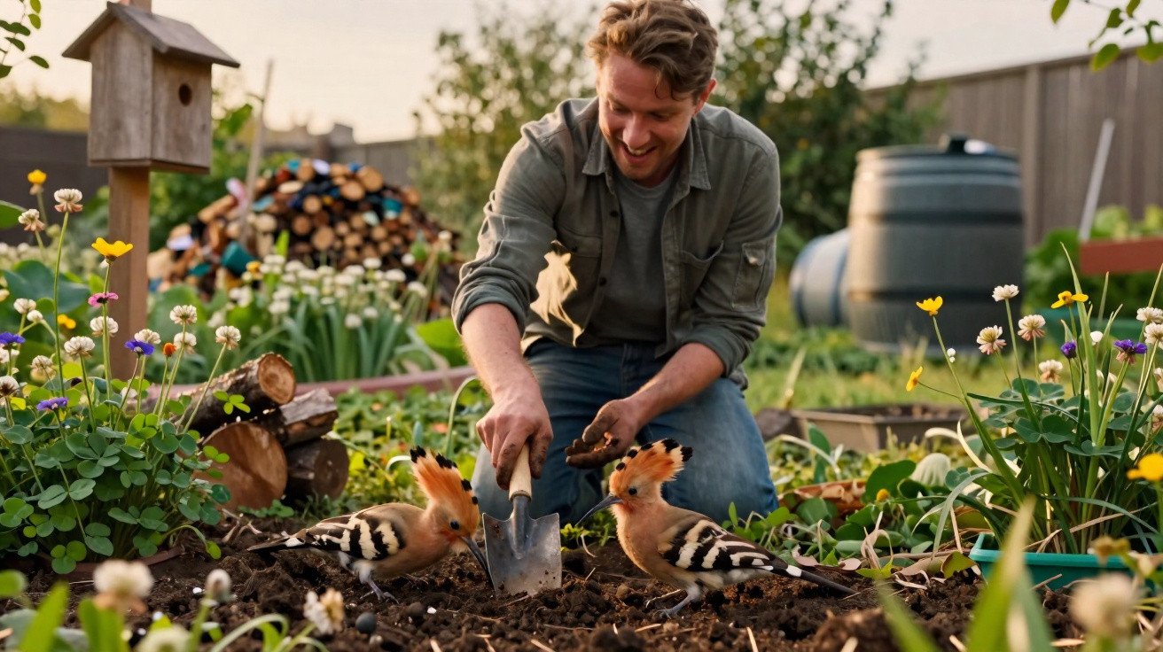 Homem sorridente plantando na horta enquanto pássaro colorido coleta alimento no solo.
