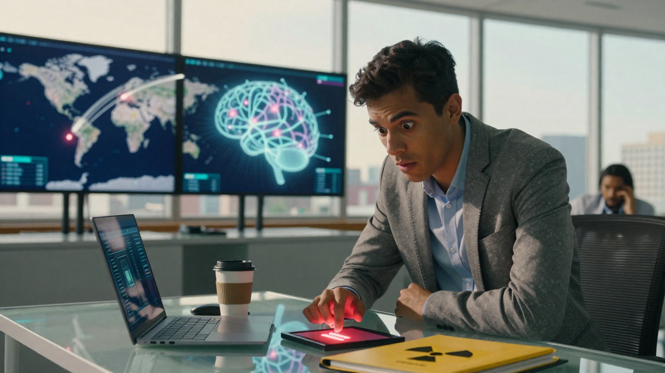 Homem surpreso usando tablet com luz vermelha em escritório moderno com mapas e cérebro digital na tela ao fundo.