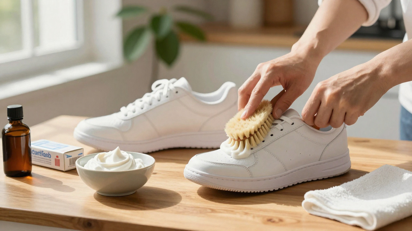 Pessoa limpando tênis branco com escova, creme e produtos de limpeza em mesa de madeira.