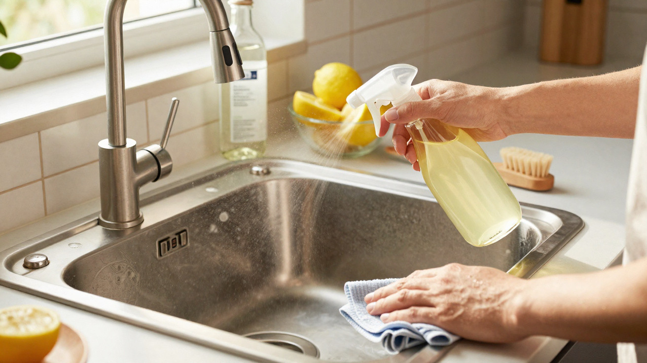 Pessoa limpando pia de cozinha de aço inox com pano branco e borrifador transparente com líquido amarelo.
