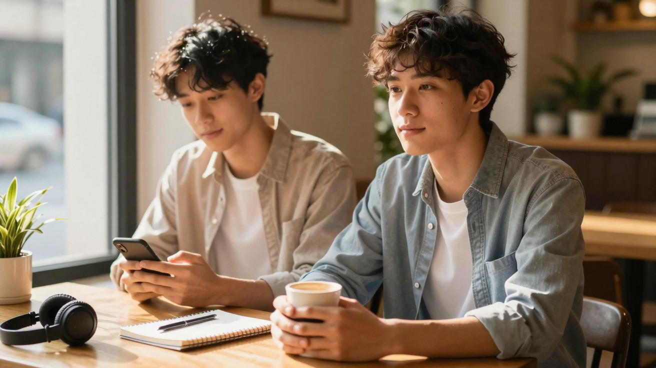 Dois homens jovens sentados em mesa de cafeteria, um com celular e outro segurando xícara de café.