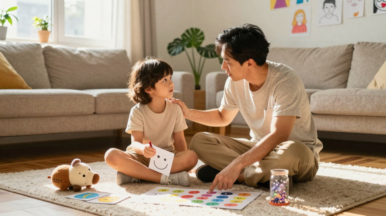 Pai e filho sentados no chão brincando com cartas de emoções coloridas na sala de estar iluminada.