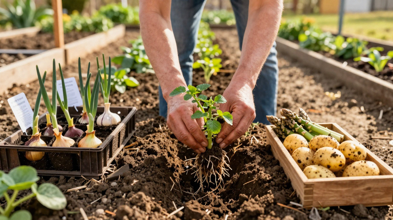 Pessoa plantando muda de batata em horta com caixas de batatas e alho próximas ao solo.
