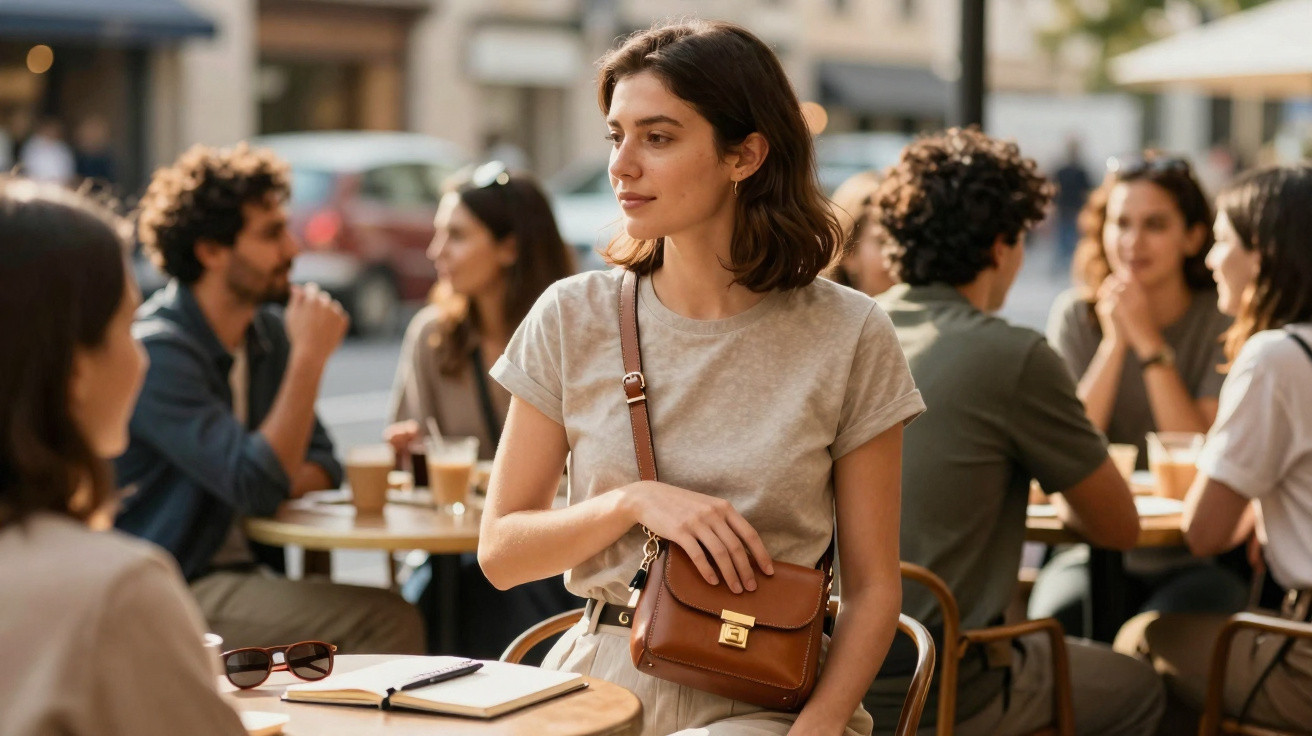 Mulher sentada em mesa de café ao ar livre com bolsa marrom, olhando para o lado, grupo de pessoas ao fundo.