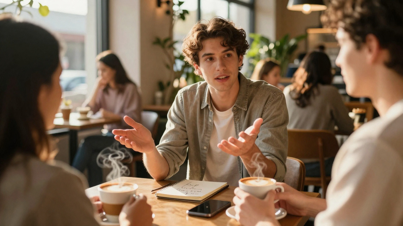 Jovem conversa animadamente com outra pessoa em café, com caderno e celular sobre a mesa.