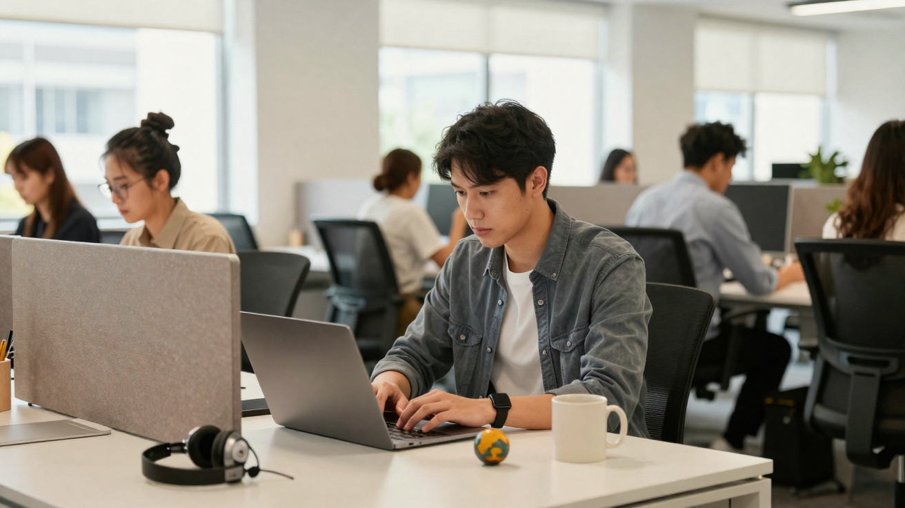 Jovens trabalhando concentrados em laptops em um escritório moderno e iluminado por luz natural.