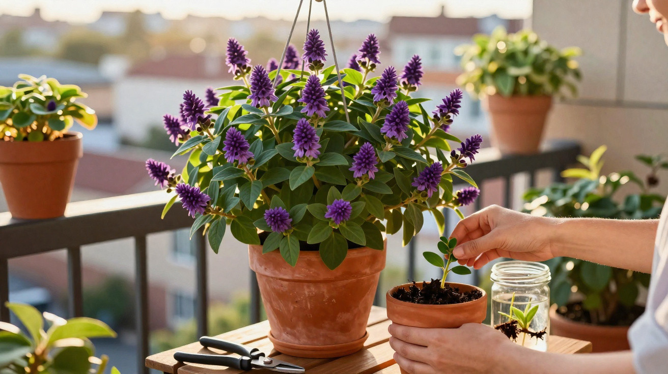 Pessoa plantando semente em vaso de barro ao lado de vasos com plantas e flores roxas na varanda.