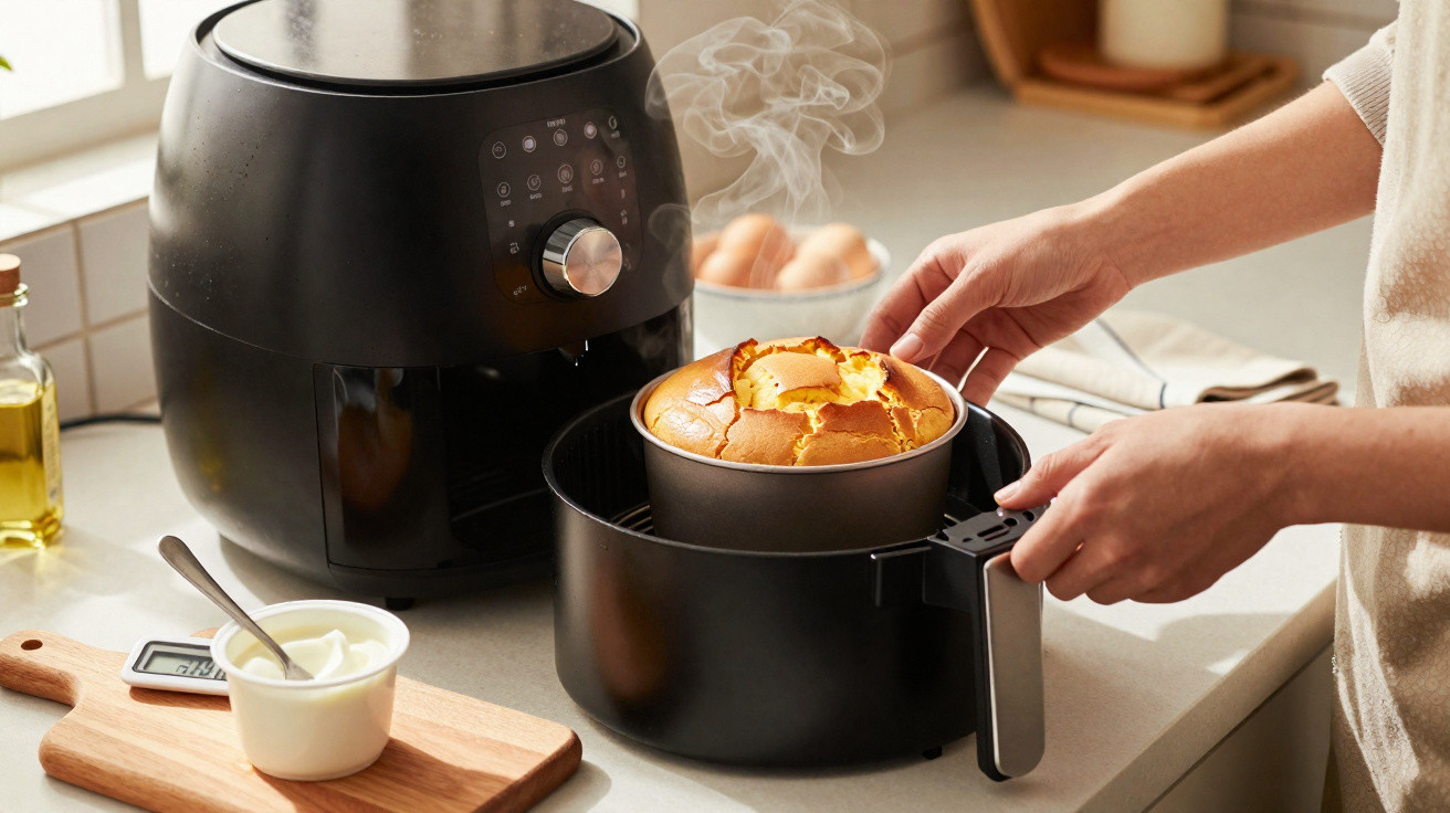 Bolo quente saindo de uma fritadeira elétrica em uma cozinha com ingredientes ao fundo.