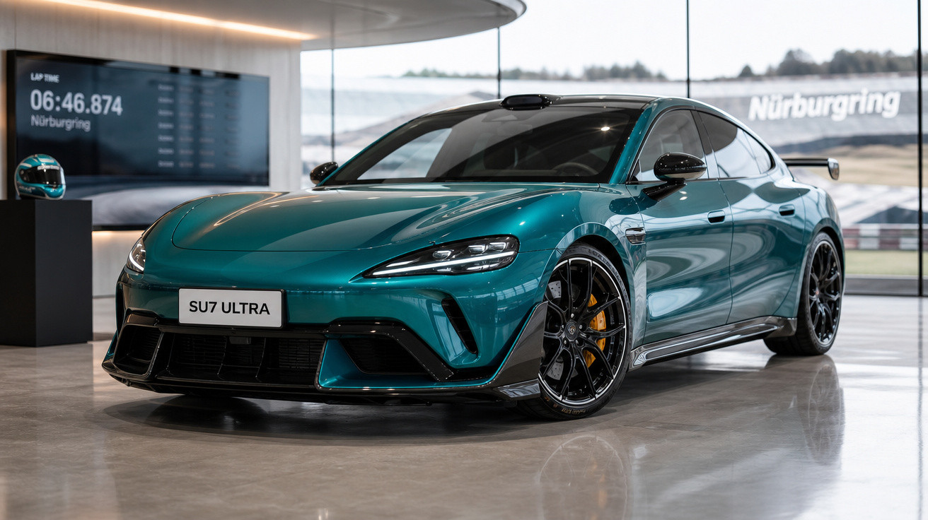 Carro esportivo elétrico verde-esmeralda modelo SU7 ULTRA exibido em showroom moderno no Nürburgring.