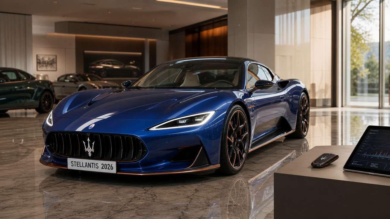 Carro esportivo azul Maserati em exposição moderna com luz natural e chão de mármore refletivo.
