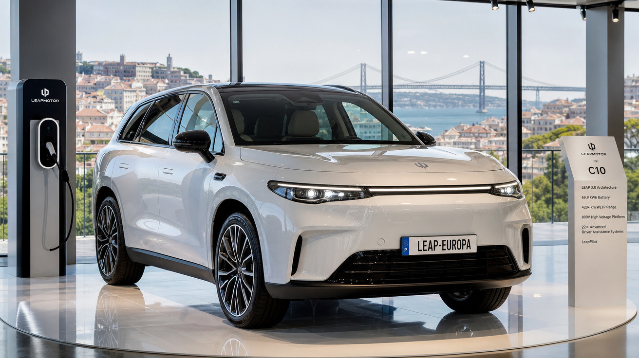 Carro elétrico branco LEAP C10 em exposição com janela panorâmica e vista de cidade ao fundo.