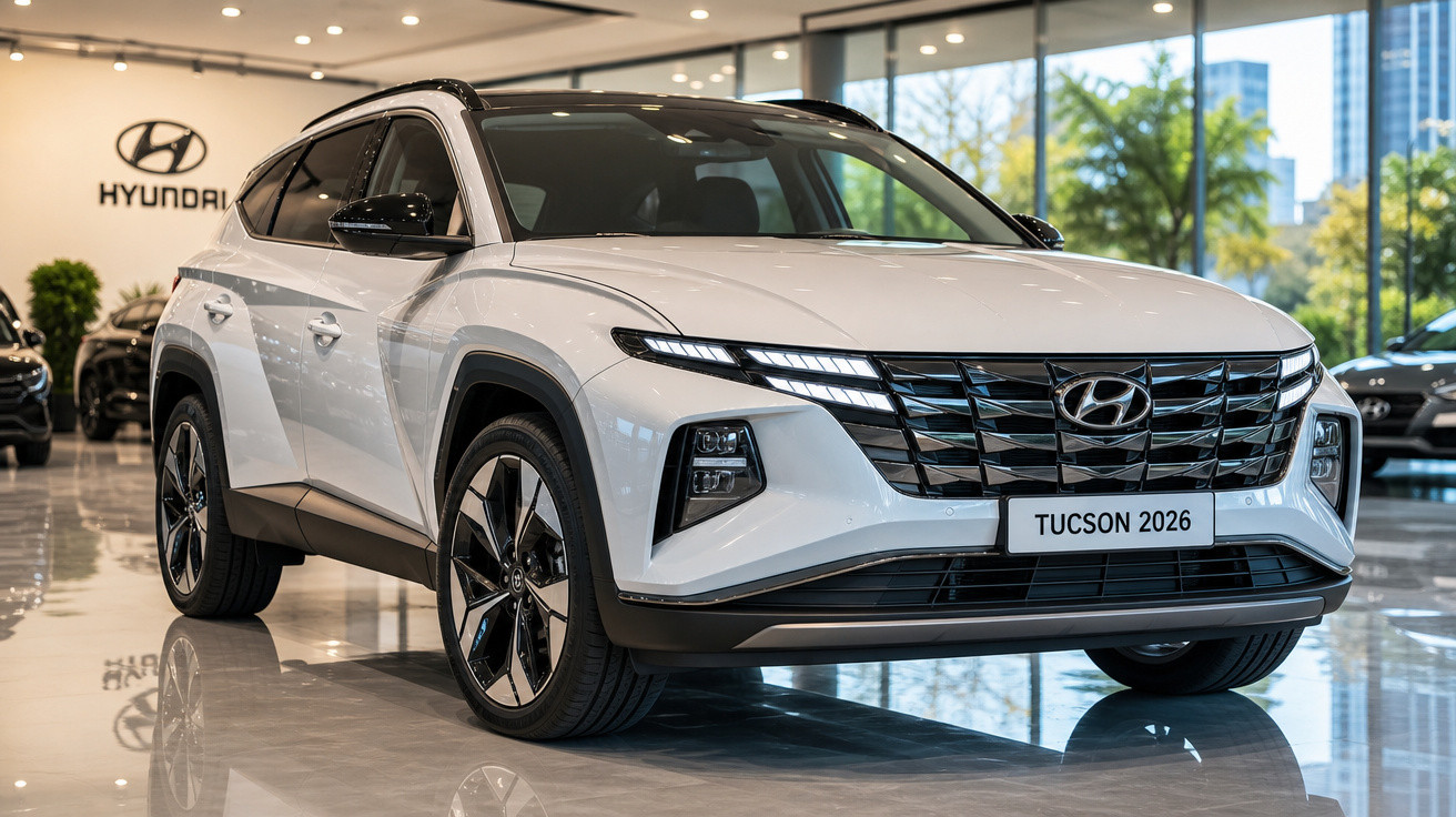 SUV Hyundai Tucson 2026 branco exposto em concessionária com iluminação interna moderna.