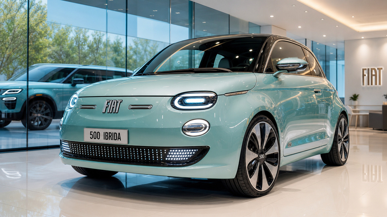 Carro Fiat 500 híbrido verde-água exibido em showroom moderno e iluminado.
