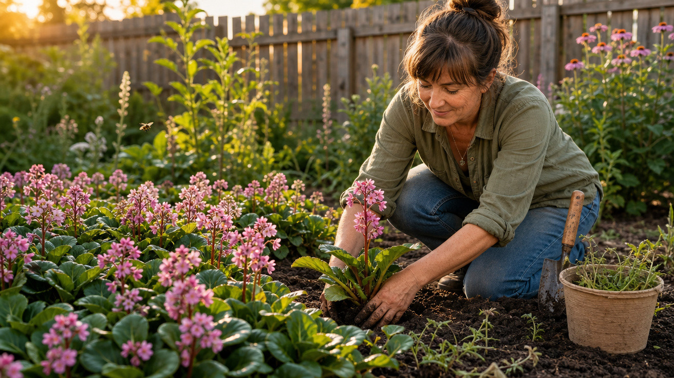 Mulher cuidando de flores rosas em jardim ao entardecer, com pá e vaso ao lado.