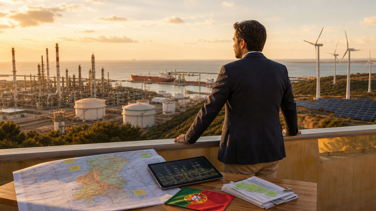 Homem olhando para indústria eólicos e painel solar ao pôr do sol com mapas e documentos na mesa.