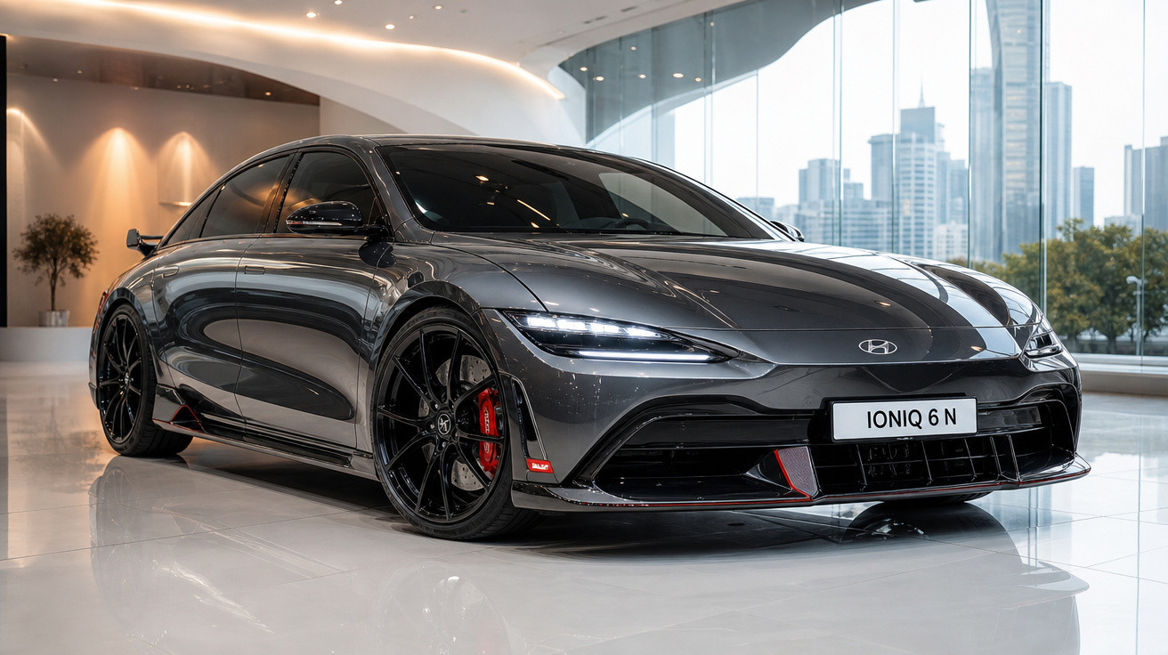 Carro esportivo elétrico Hyundai Ioniq 6 N cinza estacionado em showroom moderno com cidade ao fundo.