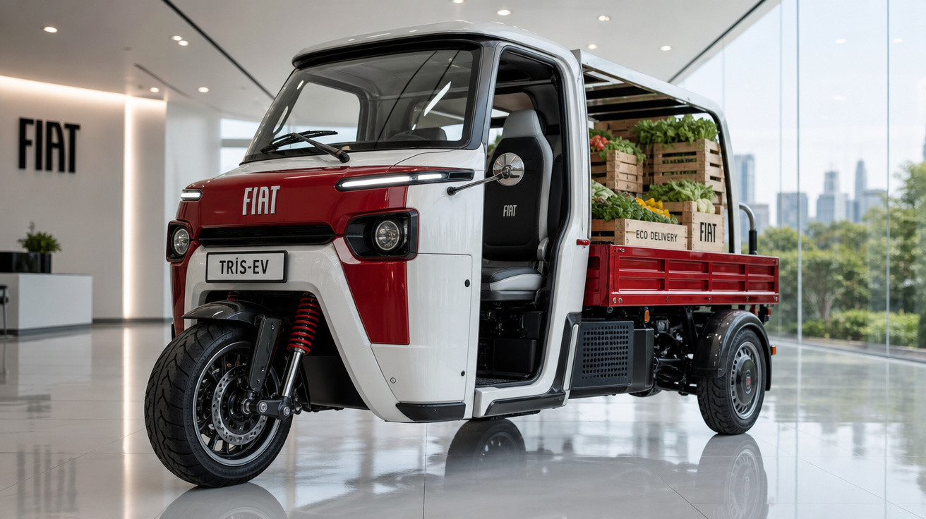 Veículo elétrico de três rodas Fiat TR1S-EV em exposição, com carga de caixas e plantas no compartimento traseiro.