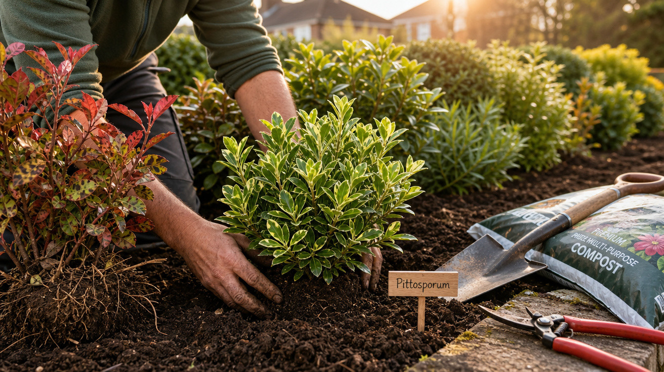Pessoa plantando arbusto Pittosporum em jardim ao entardecer com ferramentas e composto ao lado.