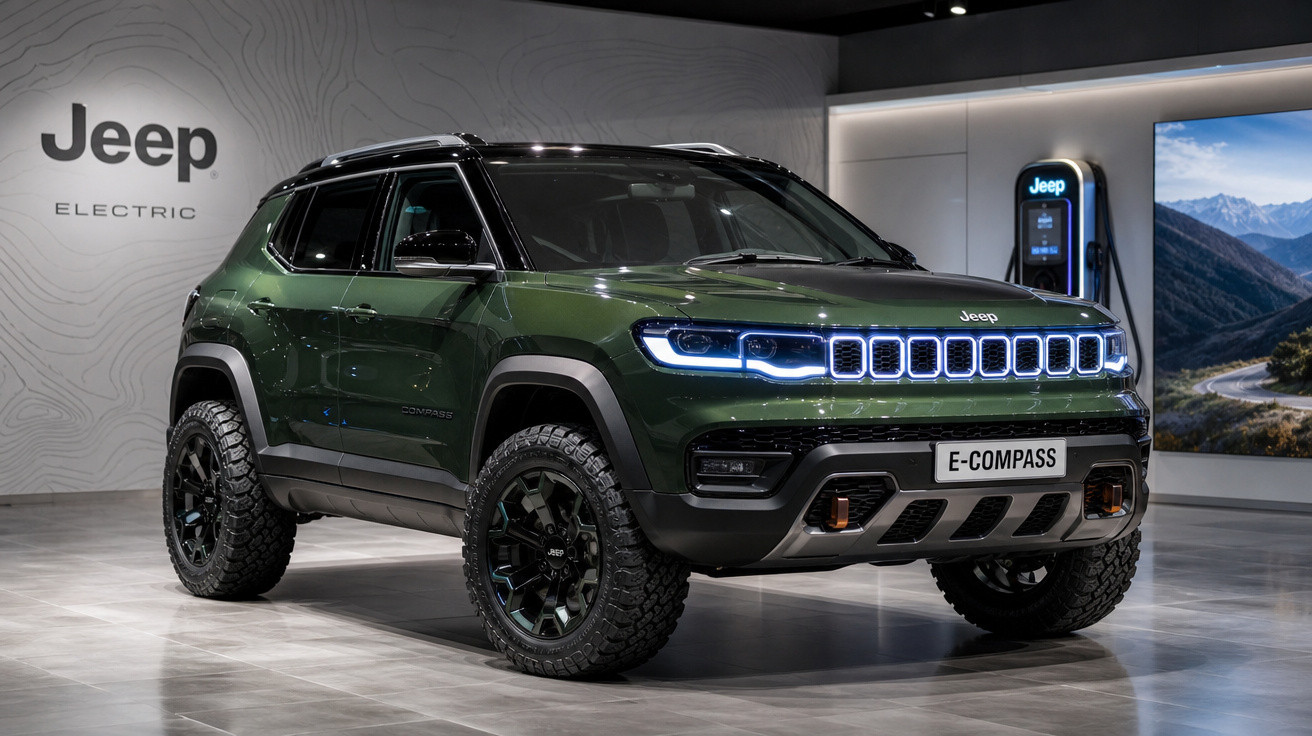 SUV elétrico Jeep E-Compass verde em exposição com carregador ao fundo.