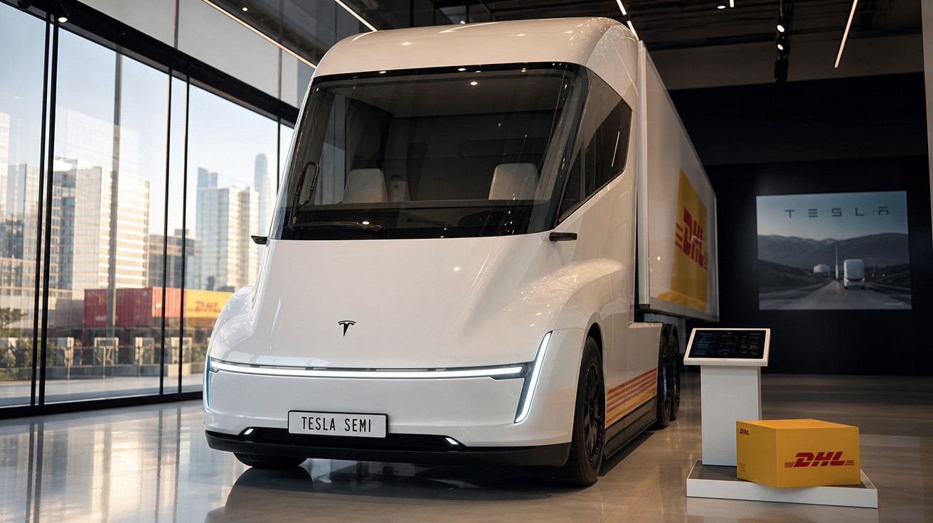 Caminhão elétrico Tesla Semi branco em exposição com logo DHL e cidade ao fundo.