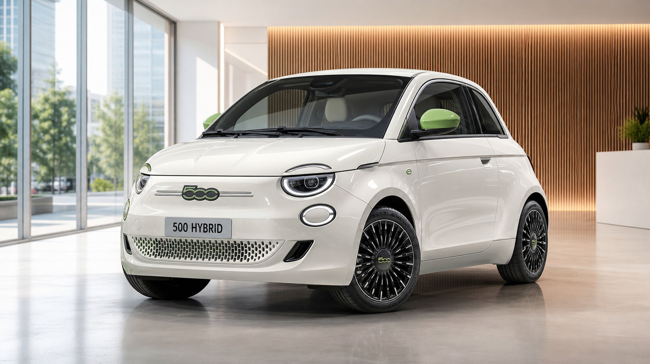 Carro compacto branco Fiat 500 Hybrid exibido em ambiente interno moderno e iluminado.