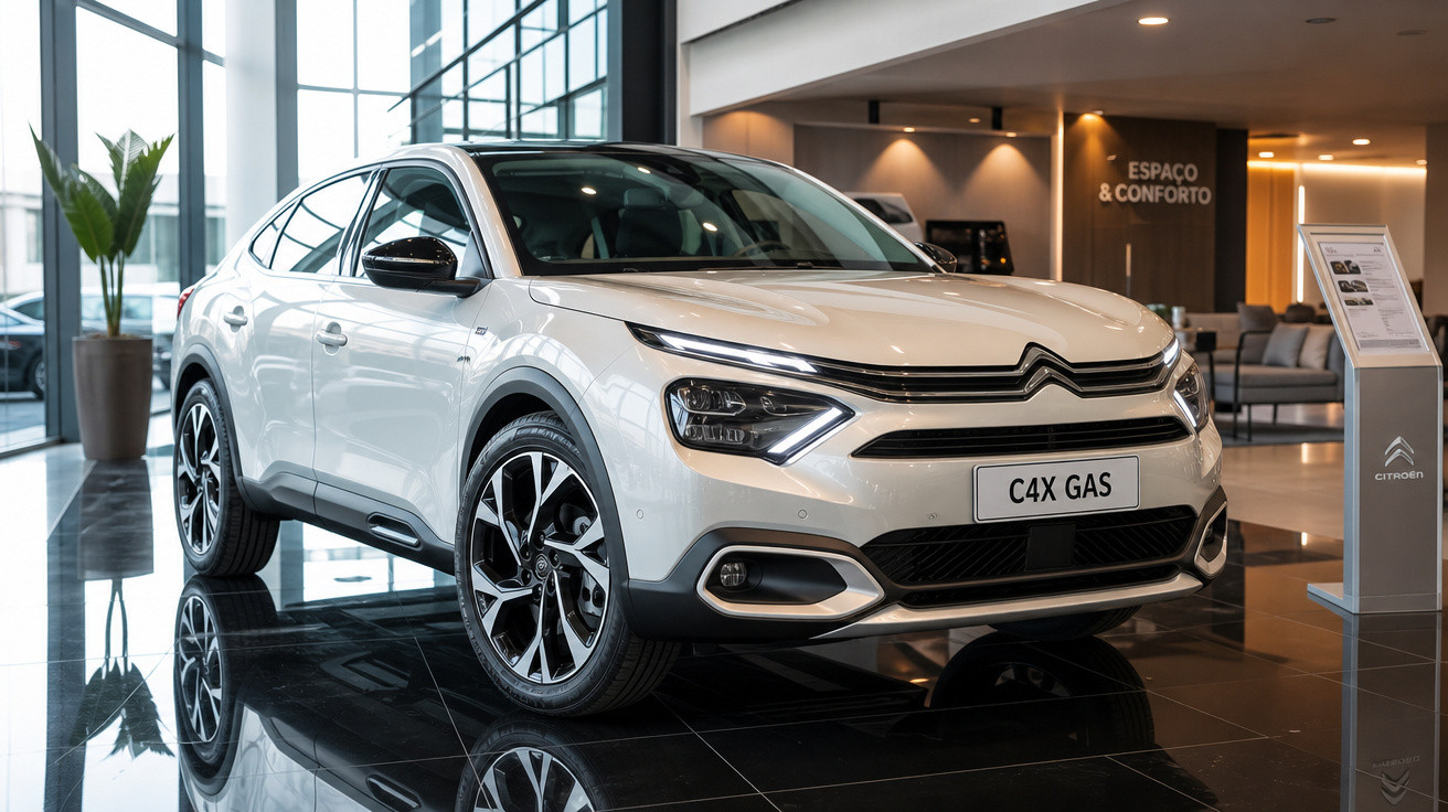 Carro Citroën C4X GAS branco em exposição no showroom com piso preto e ambiente moderno.