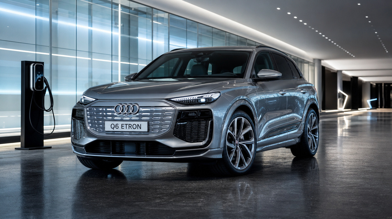 Carro elétrico Audi Q6 Etron prata estacionado em ambiente moderno com estação de recarga ao lado.