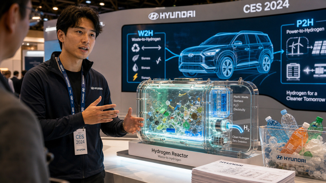 Homem apresenta reator de hidrogênio para reciclagem de plástico na feira CES 2024 pela Hyundai.