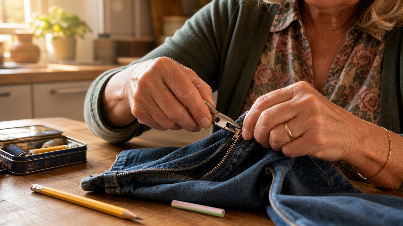 Pessoa idosa consertando o zíper de uma calça jeans em uma mesa de madeira na cozinha.