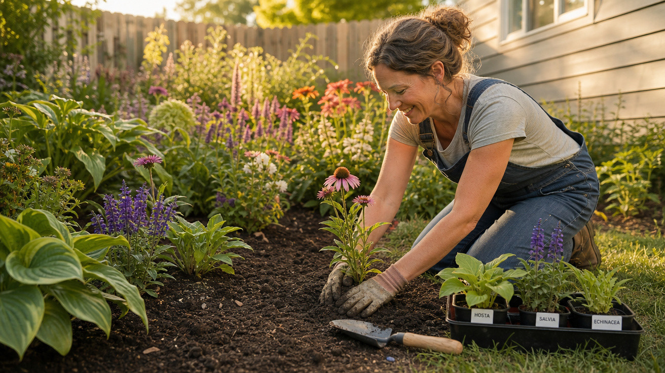 Mulher sorridente plantando flores em um jardim ensolarado ao lado de casa.