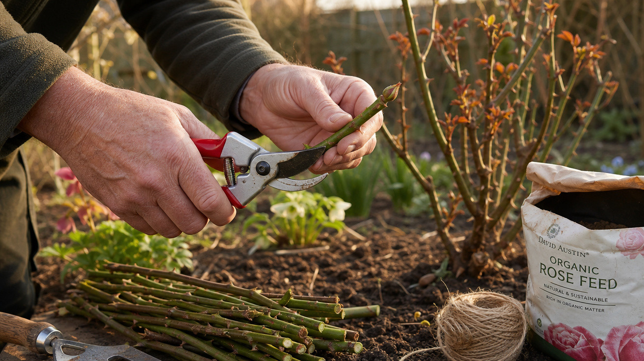 Pessoa podando galho de rosa com tesoura de jardinagem, com fita e adubo ao lado no solo.