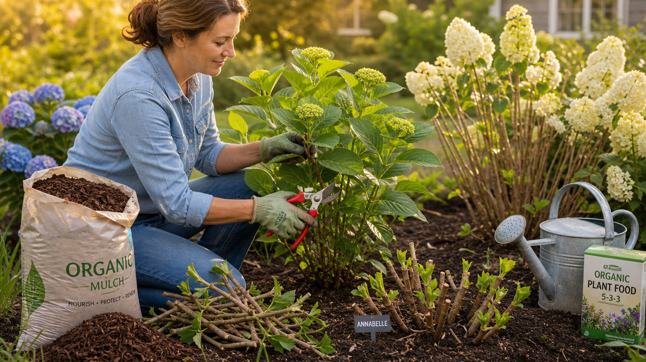 Mulher cuidando de plantas em jardim com luvas, poda e materiais orgânicos ao redor em dia iluminado.
