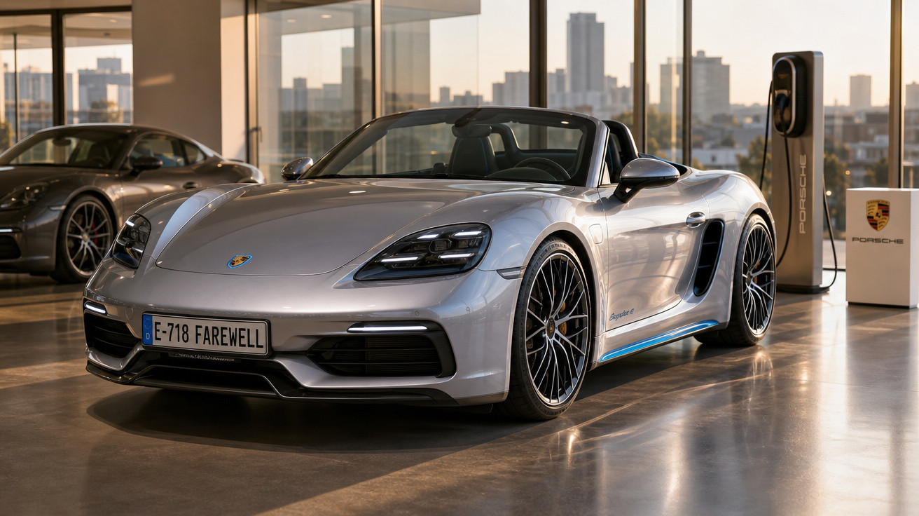 Carro esportivo conversível Porsche prata estacionado em showroom com cidade ao fundo.